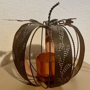 Rustic Metal Pumpkin Votive Holder in Brown and Amber